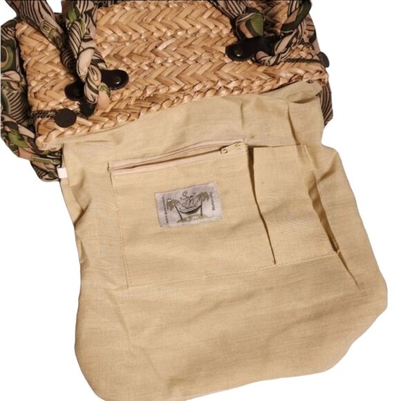Sun 'N Sand Green and Tan Woven Straw & Fabric Summer Tote 12"X14"(flat) - Picture 10 of 11